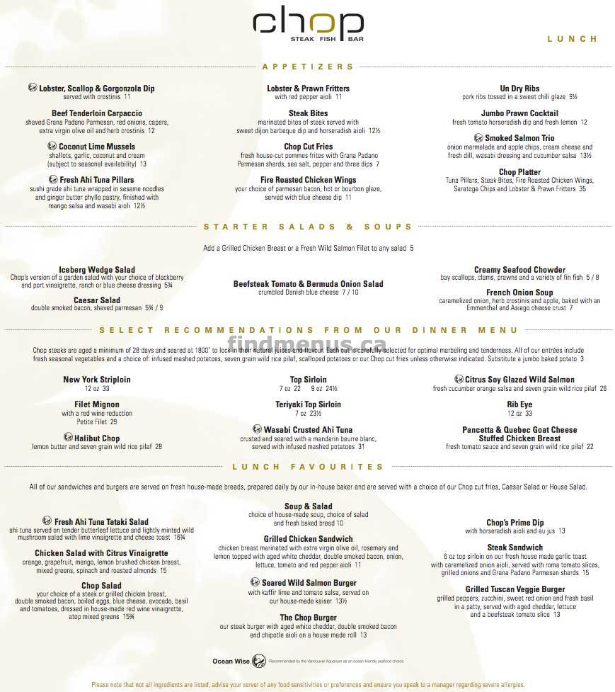 Find Menus Calgary Alberta Chop Steakhouse And Bar