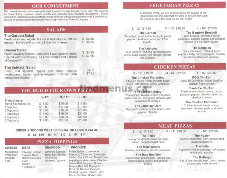 Find Menus Calgary, Alberta Serious Pizza