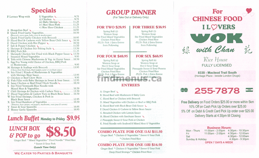 Find Menus Calgary, Alberta Wok with Chan Rice House